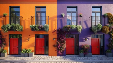 Vibrant Colorful Mediterranean Style Building Facade Featuring Ornate Windows Doors Flower Boxes and Decorative Elements on a Quaint Cobblestone Street in a Historic European City