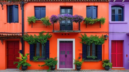 Naklejka premium Vibrant and Colorful Facades of Historic Buildings with Floral Decor in a Charming Mediterranean Town in Europe Ideal for Travel and Tourism Concepts