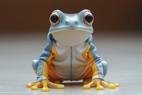 Frog wearing a yellow and blue jacket. The jacket is on the frog's back. The frog is looking at the camera. a frog in a retro sport suit, wes andersen style whit copy space