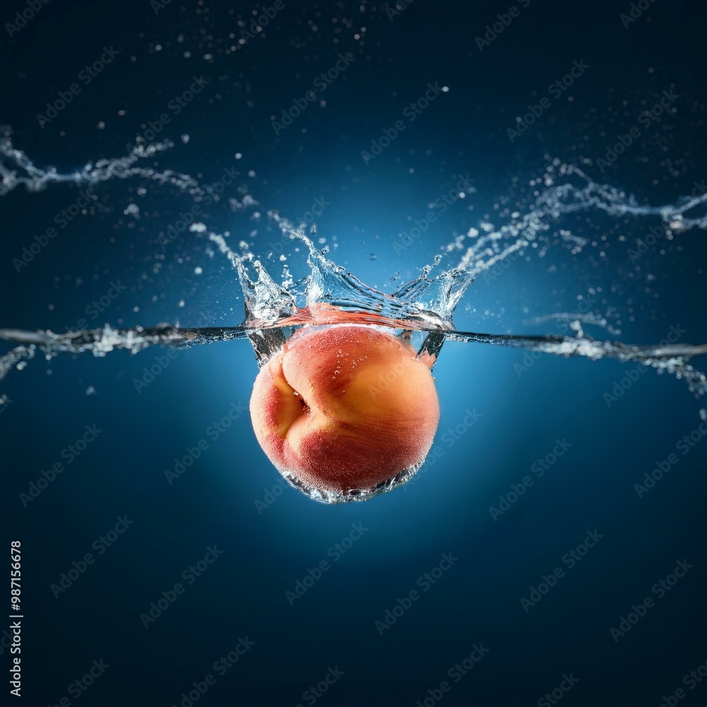 Poster a peach falls into a still body of water, creating a large splash.