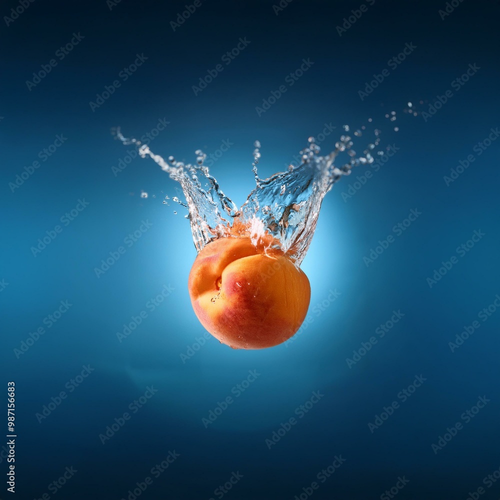 Poster A single peach falls into a pool of water, creating a large splash.