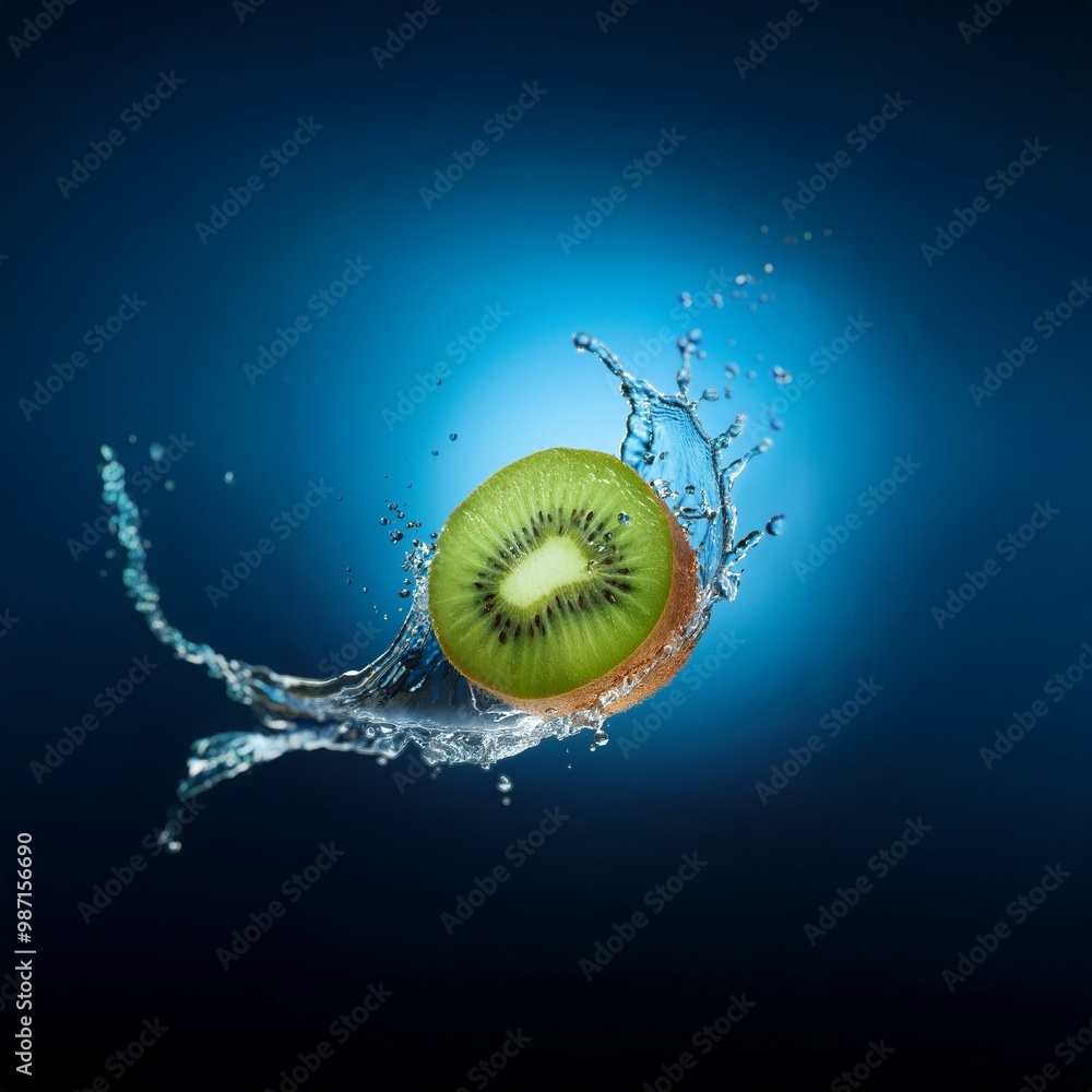 Poster a kiwi fruit slice falls into water creating a splash against a blue background.