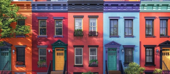 Naklejka premium Vibrant and Colorful Architectural Facade with Rows of Historic Townhouses Lining a Charming Urban Street in a Traditional Neighborhood