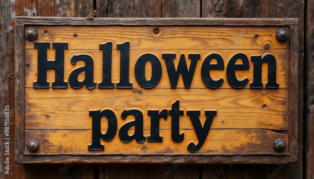 Wall mural Halloween party banner, vintage style wooden sign board inscription, old wooden boards