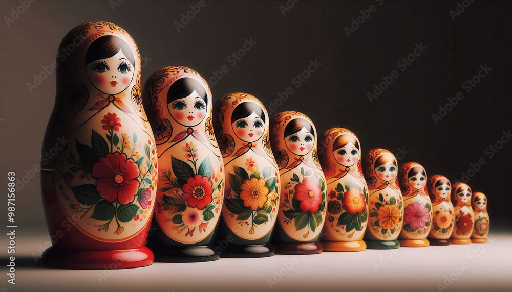 Wall mural Matryoshka dolls on black background