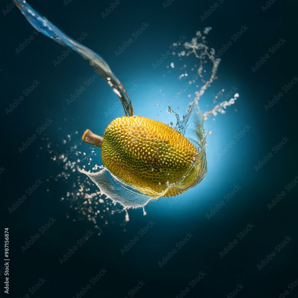 Poster a jackfruit is submerged in water, creating a splash of water droplets.