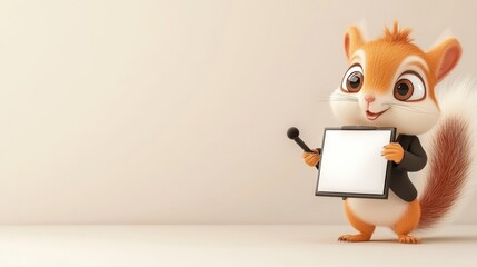 Obraz premium Adorable Cartoon Chipmunk Holding Digital Tablet with Cute Happy Laughing Expression