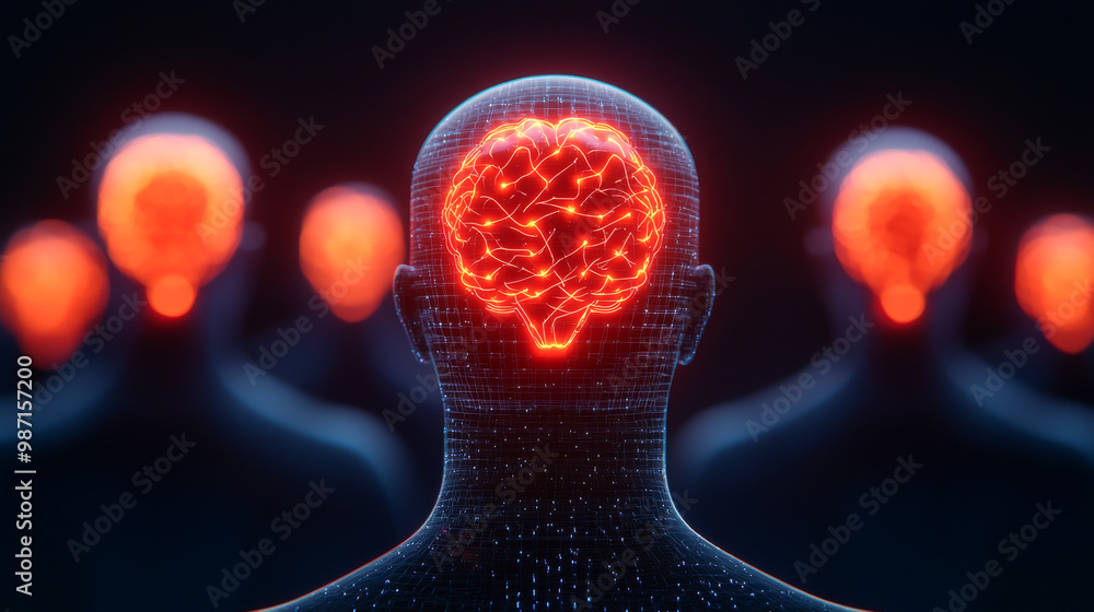 Poster futuristic silhouettes with glowing brain graphics represent advanced thinking and artificial intell