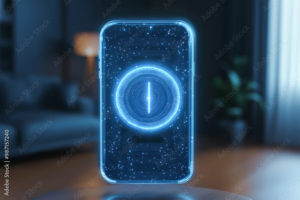 Poster futuristic smartphone design with glowing elements and starry background, perfect for technology and