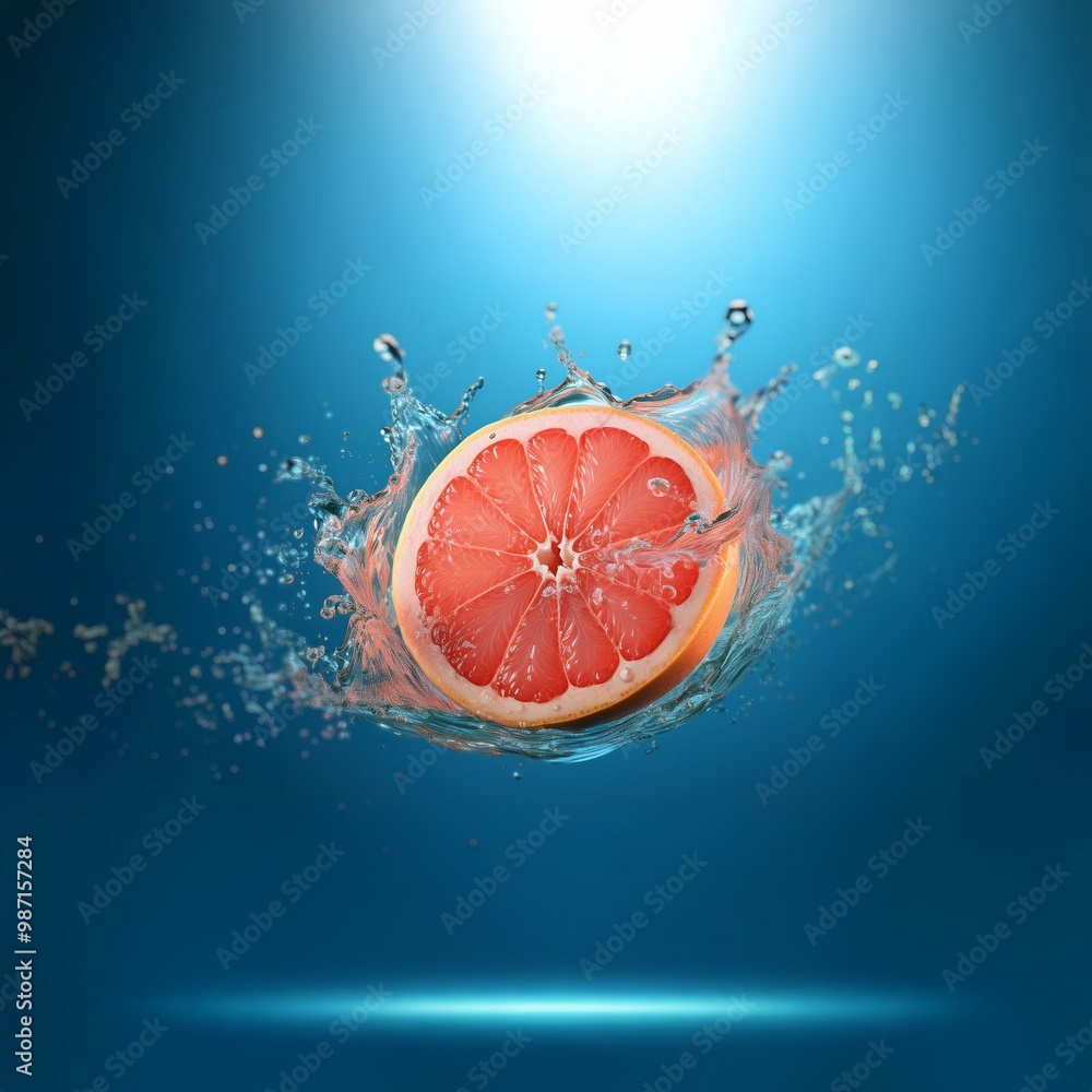 Poster A grapefruit half falls through a splash of water, creating a dynamic blue and red image.