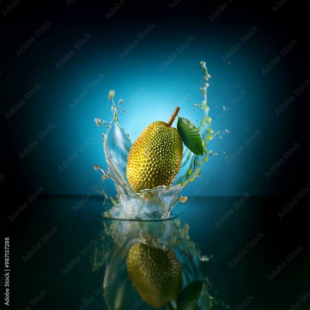 Poster a green fruit with a spiky texture splashes into a still blue liquid, creating a dramatic crown of w
