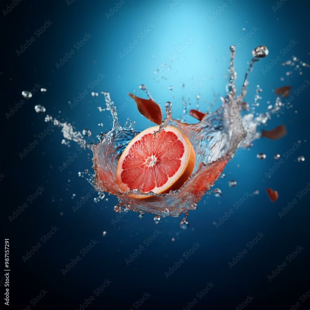 Poster a halved grapefruit falls into water, creating a dramatic splash.