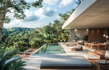 Fototapeta premium A beautiful, modern outdoor living area in the rainforest with a pool and large seating areas surrounded by lush greenery, plants, trees, and jungle views.