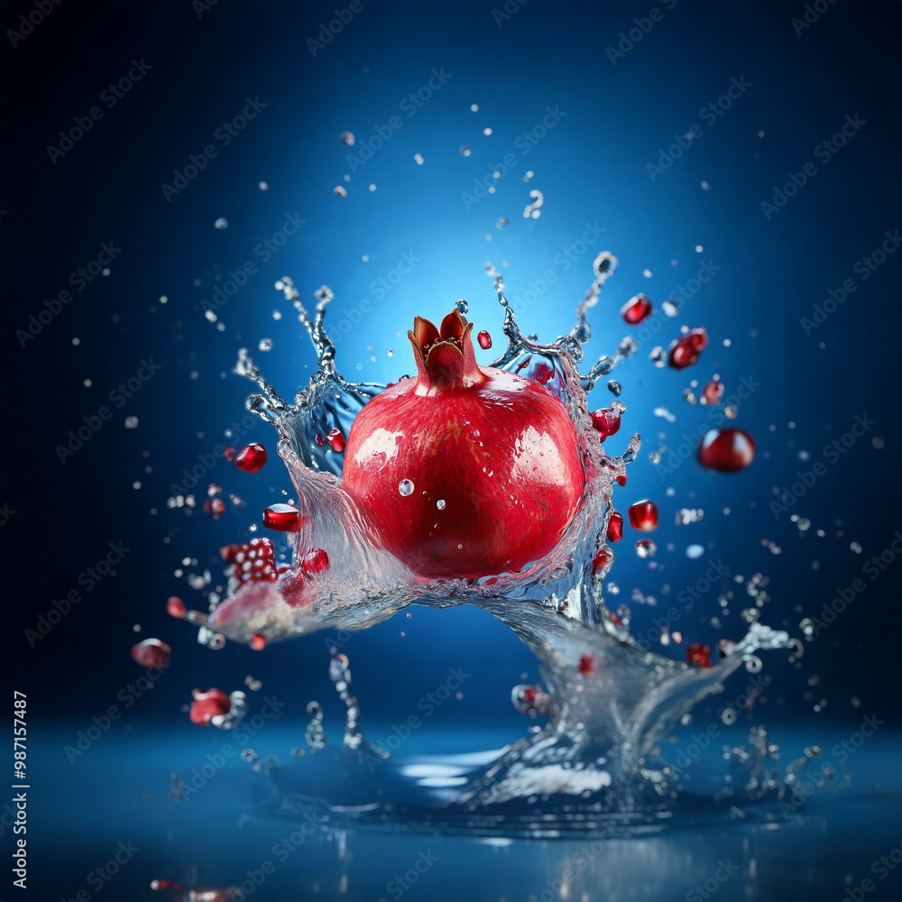 Poster A red pomegranate falls into a pool of water, creating a crown of splashing droplets.