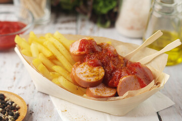 Currywurst lightly topped with curry and served with chips