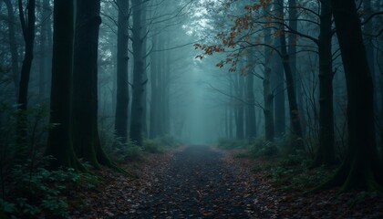 Fototapeta premium morning forest in the autumn season, beautiful nature, rainy weather, cloudy