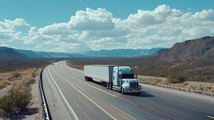 Lonely white semi-truck driving through a scenic desert highway under a bright blue sky with fluffy clouds in the distance.