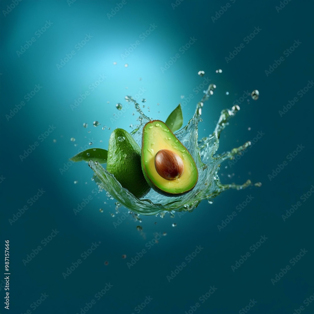 Poster a halved avocado with a pit, and a whole avocado, are splashing into a blue liquid, creating a burst