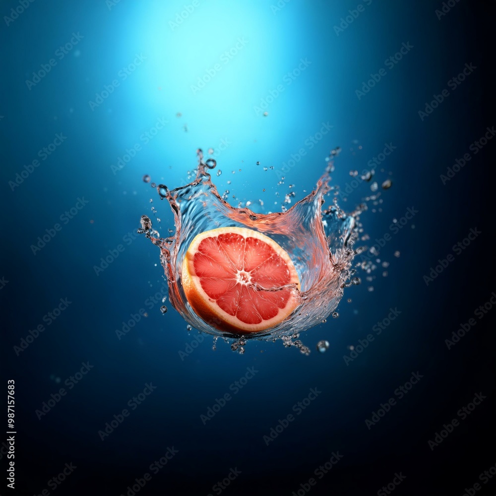 Poster A half slice of grapefruit falls into a pool of blue water, creating a splash and water droplets.