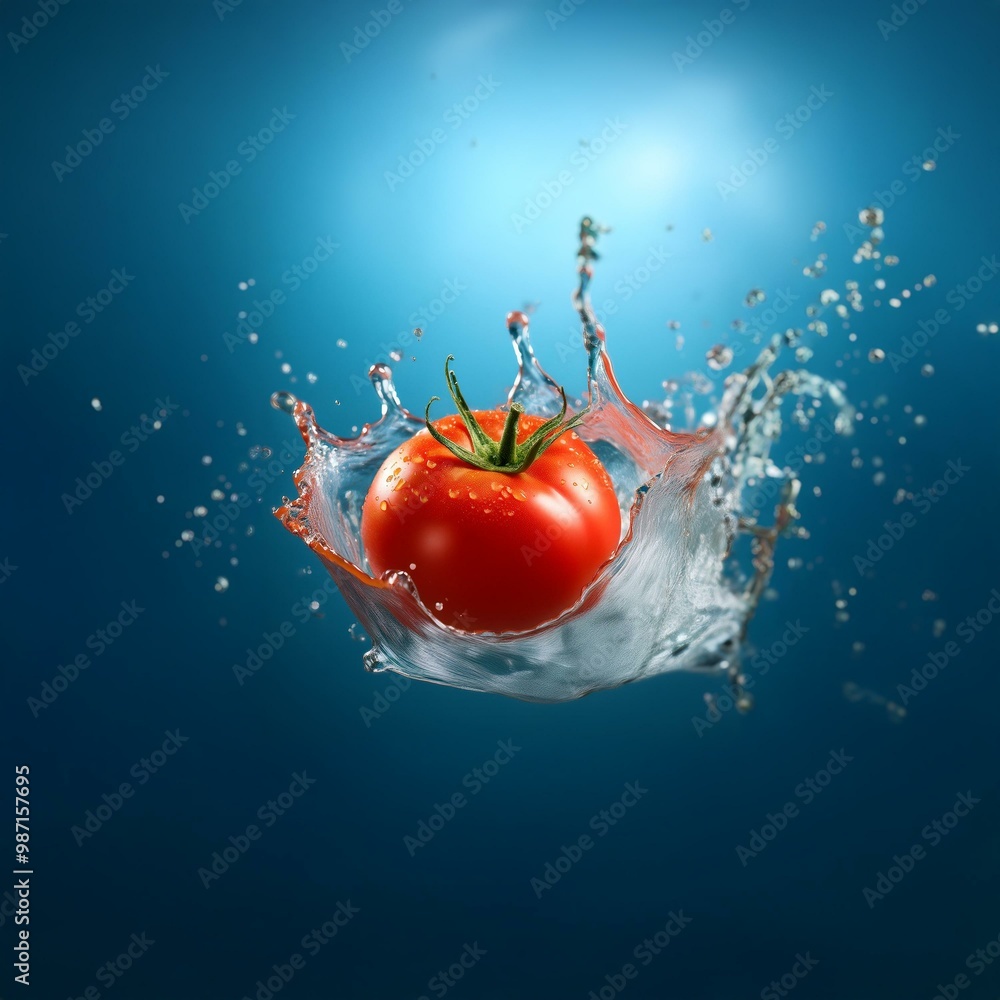 Poster a red tomato falls into a pool of water, creating a beautiful splash.
