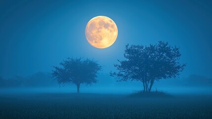 Full Moon Rising Over Misty Landscape with Silhouetted Trees and Blue Night Sky