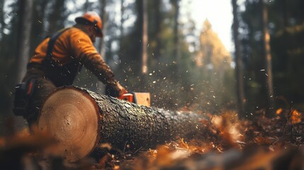 Lumberjack cutting a tree log with a chainsaw in a forest, surrounded by blurred forest trees. Autumn leaves on the ground.