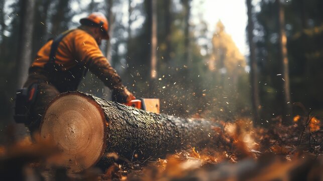 Lumberjack cutting a tree log with a chainsaw in a forest, surrounded by blurred forest trees. Autumn leaves on the ground.