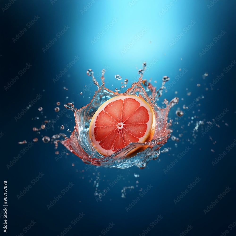 Aufkleber a half of grapefruit creates a splash in a pool of water against a blue background.
