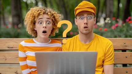 Surprised couple reacting to unexpected news while sitting on a park bench in summer