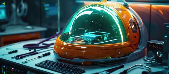 Innovative futuristic helmet and high tech dashboard equipment showcasing the latest advancements in technology designed for space research and adventure discovery
