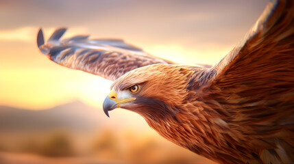 Majestic eagle soaring through the sky at sunset, showcasing vibrant feathers and keen intensity in its gaze.
