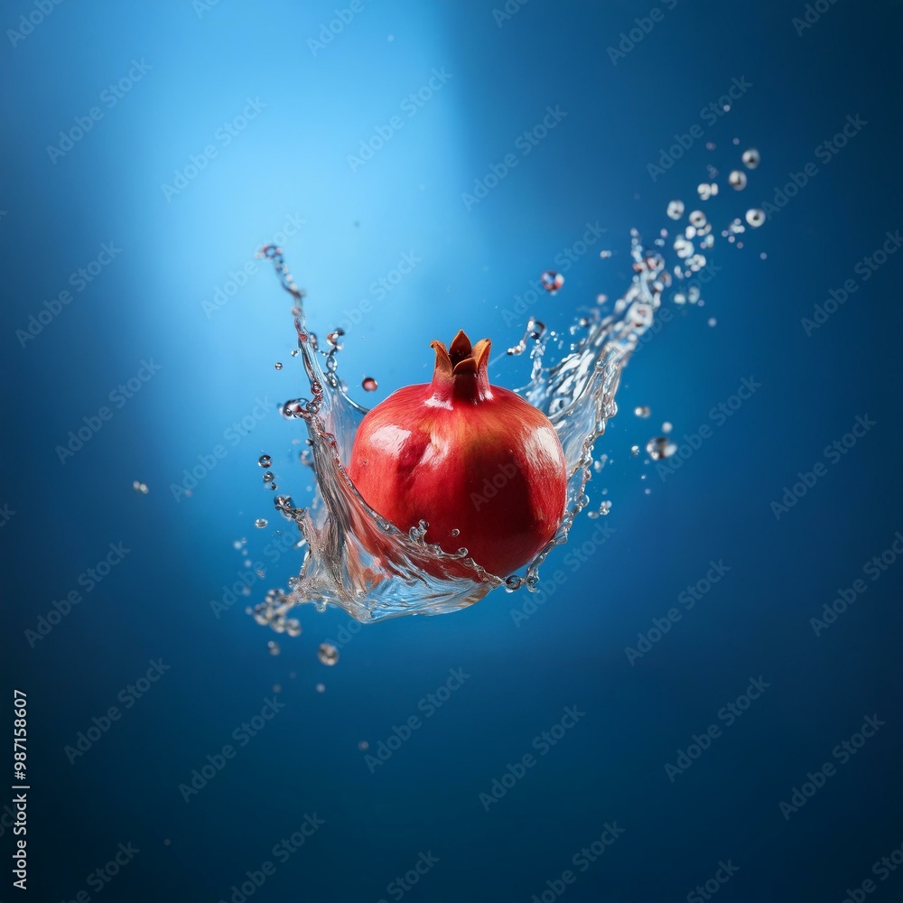 Poster a red pomegranate splashes into a blue liquid, creating a crown of water droplets.