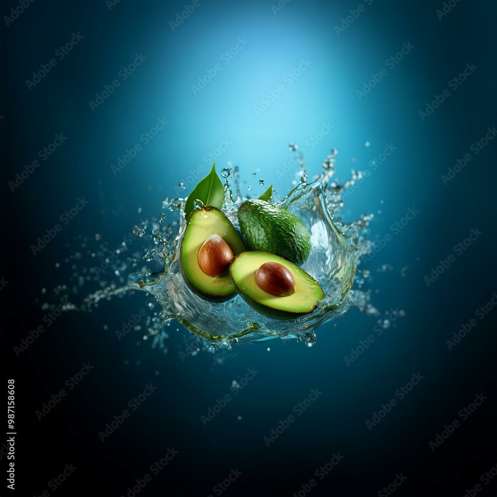 Poster two halves of an avocado and a whole avocado are suspended in a water splash against a blue backgrou