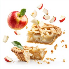 Apple pie flying and isolated on a white background, adding a whimsical and dynamic touch.