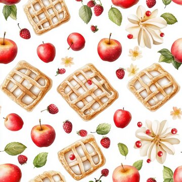 Seamless watercolor pattern of apple pie isolated on a white background, offering a creative and artistic view.
