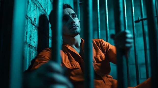 Man in an orange jumpsuit sitting behind bars in a dimly lit jail cell, illustrating themes of imprisonment and solitude.