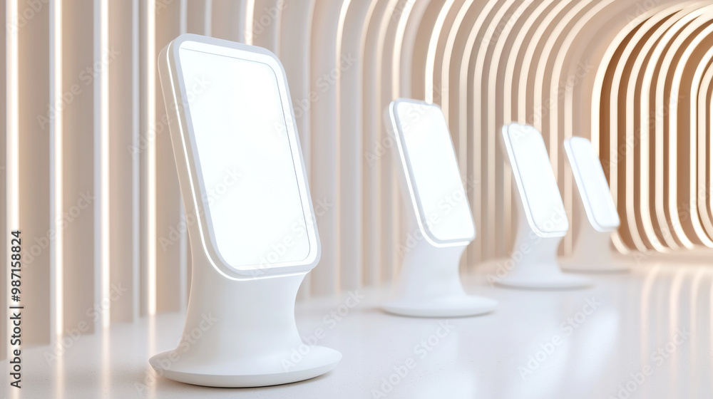Poster modern table lamps arranged in a row against a minimalistic backdrop, emphasizing simplicity and ele