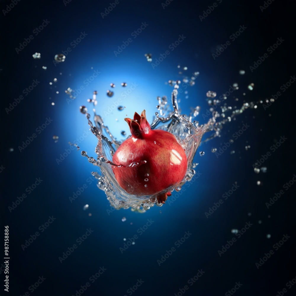 Poster a red pomegranate falls into a body of water, causing a splash.