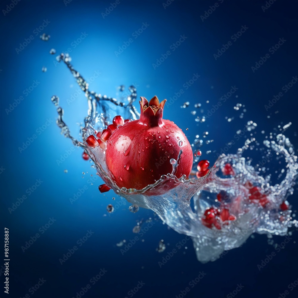 Poster a red pomegranate with seeds is falling into a splash of water against a blue background.