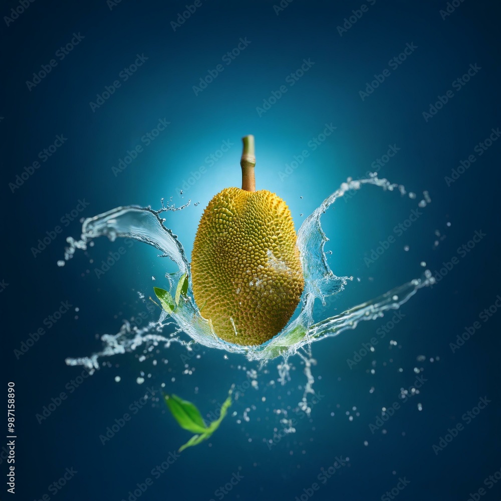 Poster a green jackfruit with leaves is falling through water and creating a splash on a deep blue backgrou