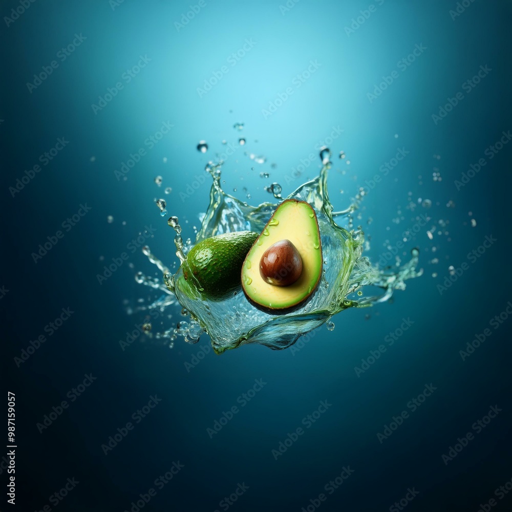 Poster an avocado is falling through water, creating a splash.