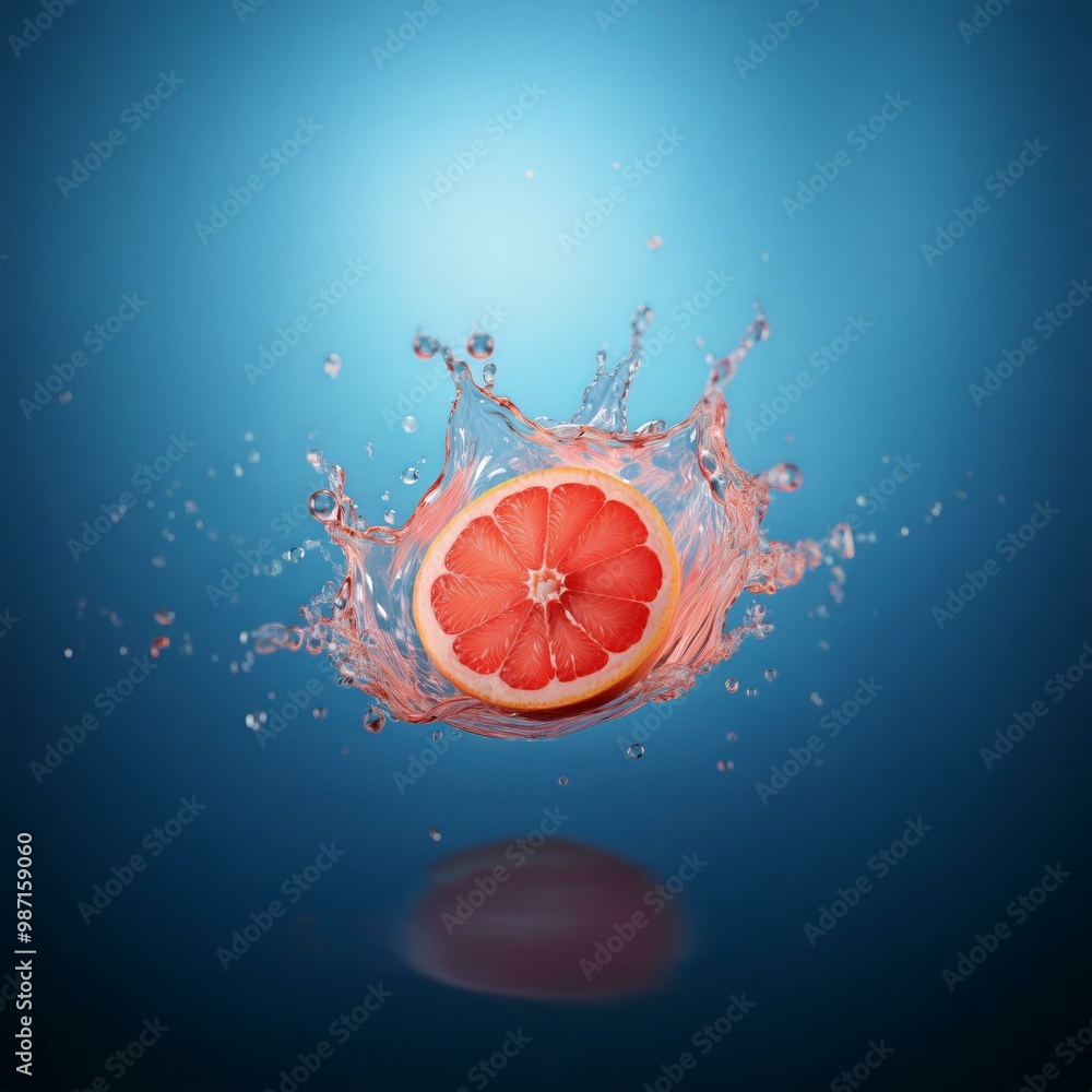 Poster a halved grapefruit is surrounded by a splash of water against a blue background.