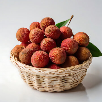 Fresh whole and Lychee fruit with watercolor leaves isolated on white background.