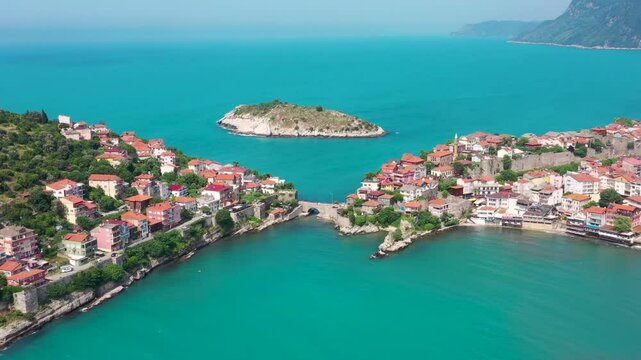 Beautiful cityscape on the mountains over Black-sea, Amasra. Amasra traditional Turkish architecture