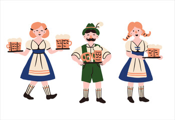 Cartoon flat waiters in folk Bavarian costumes carrying beer at the Oktoberfest festival.