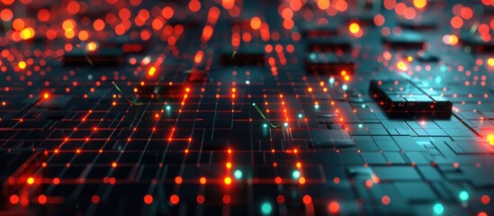 Obraz premium Vibrant abstract background showcasing a futuristic digital landscape with intricate glowing patterns geometric shapes and a sense of technological advancement and innovation Represents the power