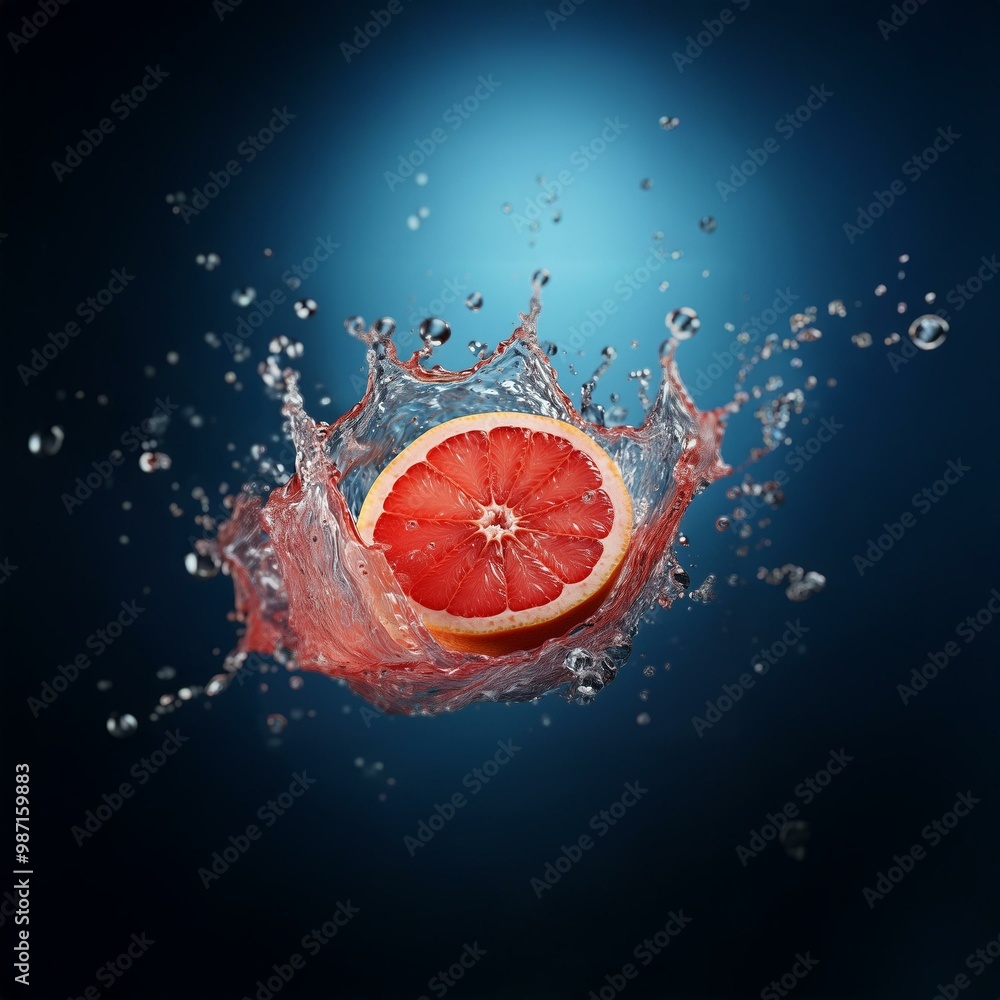 Poster A grapefruit half is submerged in water causing a large splash with droplets flying off.