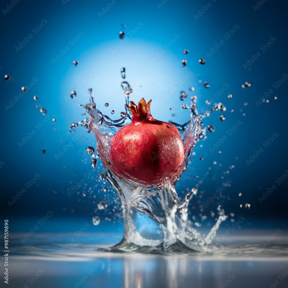 Poster A red pomegranate falls into a pool of water, creating a splash and a crown of droplets.