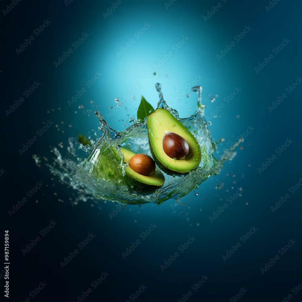 Poster two avocado halves with a seed in the center are falling through water, causing a splash.