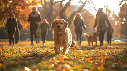 A golden retriever walks happily in a park with people enjoying a fall day.